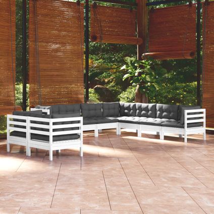 The Living Store - Bois - Salon de jardin 9 pcs avec coussins blanc bois de pin - TLS309690