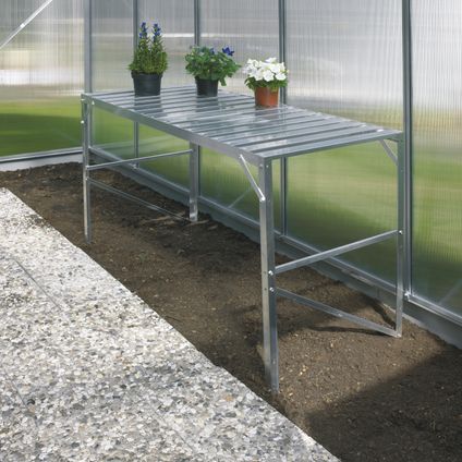 Set voor een aluminium tafel met 1 niveau met de afmetingen 121 x 54 x 76 cm (b x d x h), in de kleur geanodiseerd aluminium.