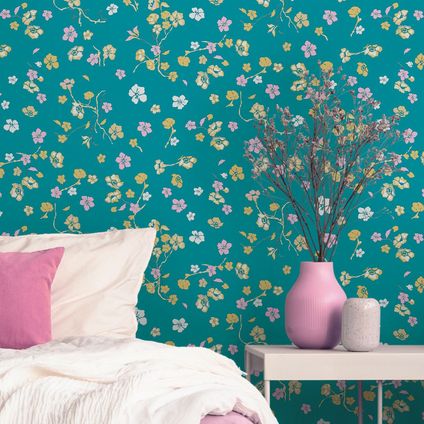 Livingwalls behang bloemmotief turquoise, geel, roze, groen en wit - 53 cm x 10,05 m