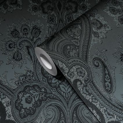 Livingwalls behang barokprint zwart, grijs en zilver - 53 cm x 10,05 m - AS-387085