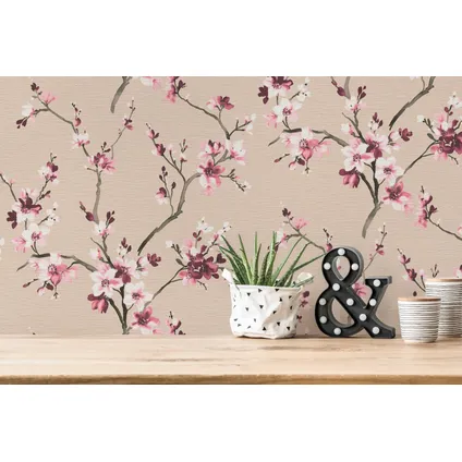 Livingwalls behang bloemmotief roze, beige, wit, grijs en lila paars 3