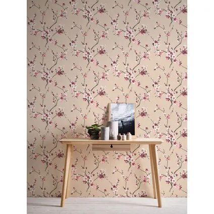 Livingwalls behang bloemmotief roze, beige, wit, grijs en lila paars 4