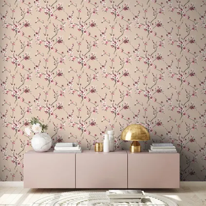 Livingwalls behang bloemmotief roze, beige, wit, grijs en lila paars 5