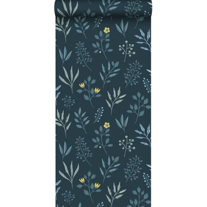 ESTAhome papier peint fleurs au style scandinave bleu foncé et jaune ocre - 0,53 x 10,05 m - 139082