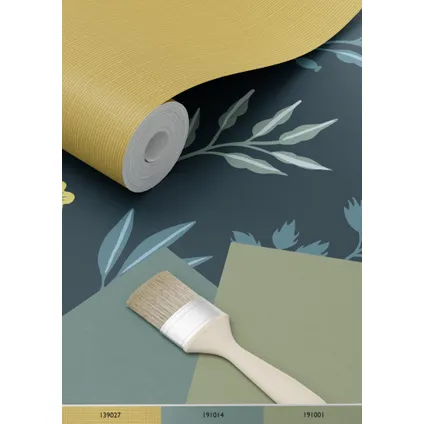 ESTAhome behangpapier bloemmotief in Scandinavische stijl donkerblauw en okergeel 4