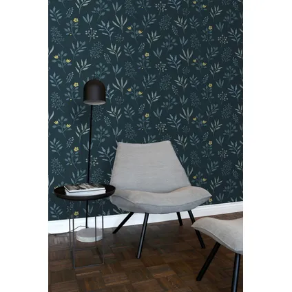 ESTAhome behangpapier bloemmotief in Scandinavische stijl donkerblauw en okergeel 7
