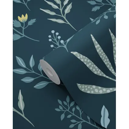 ESTAhome behang bloemmotief in Scandinavische stijl donkerblauw en okergeel 9
