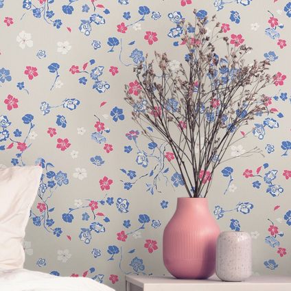 Livingwalls behangpapier bloemmotief beige, blauw, rood en wit - 53 cm x 10,05 m