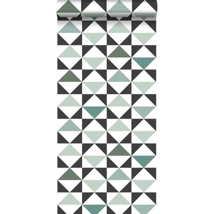 behangpapier grafische driehoeken wit, zwart, mintgroen en vergrijsd zeegroen