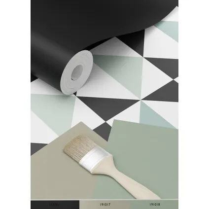 ESTAhome papier peint triangles blanc, noir, vert menthe et vert de la mer grisé - 0,53 x 10,05 m 2