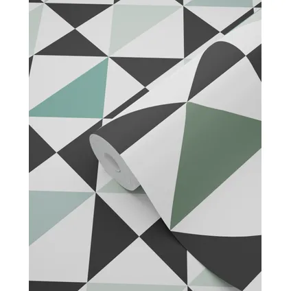 behangpapier grafische driehoeken wit, zwart, mintgroen en vergrijsd zeegroen 6