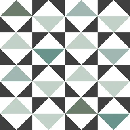 behangpapier grafische driehoeken wit, zwart, mintgroen en vergrijsd zeegroen 7
