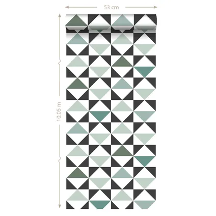behangpapier grafische driehoeken wit, zwart, mintgroen en vergrijsd zeegroen 9