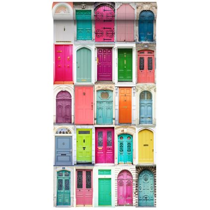 ESTAhome XXL behang gekleurde deuren roze, turquoise, oranje, geel en paars