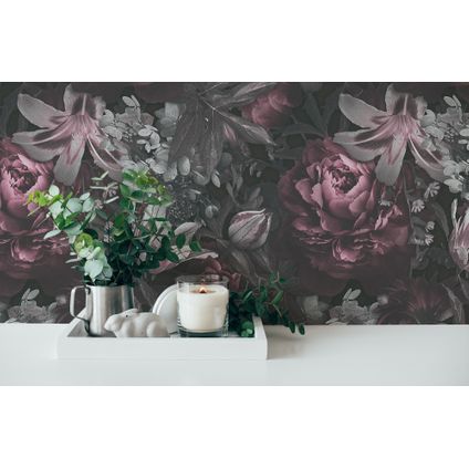 Livingwalls behang bloemmotief grijs, roze, zwart en wit - 53 cm x 10,05 m