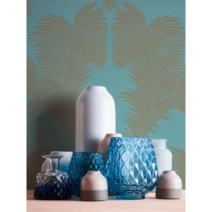 A.S. Création behangpapier palmbladeren turquoise, goud en glanzend wit 4