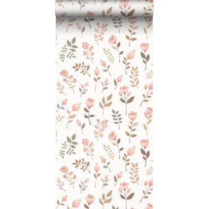 ESTAhome behangpapier bloemen zacht roze en vergrijsd olijfgroen - 0.53 x 10.05 m
