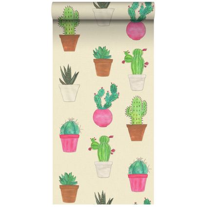 ESTAhome papier peint intissé XXL Cactus Fiesta vert, rose et beige - 50 x 900 cm - 158604