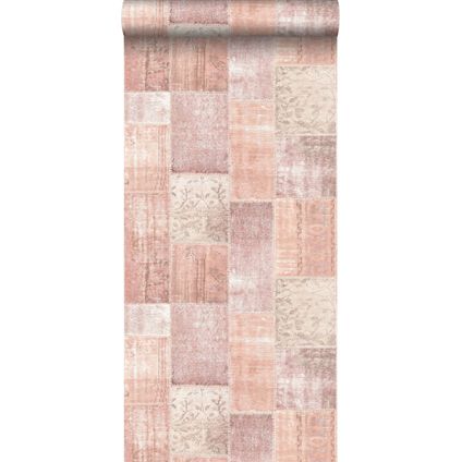 ESTAhome papier peint tapis patchwork kilim oriental rose orange pêche - 53 cm x 10,05 m - 148651
