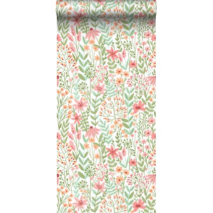 ESTAhome behang veldbloemen groen, roze en warm oranje - 50 x 900 cm - 139673