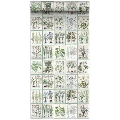 ESTAhome XXL behang bladzijden botanisch bloemen en planten boek groen - 50 x 900 cm