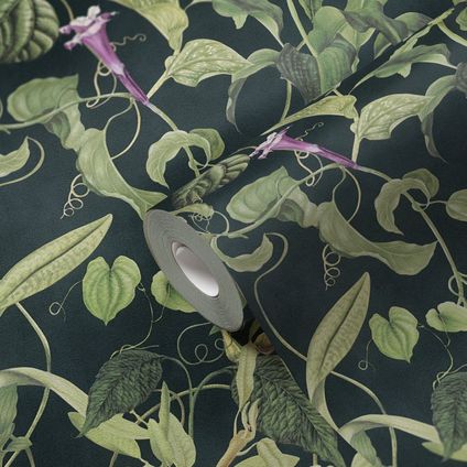 Livingwalls behang jungle-motief groen, zwart en lila paars - 53 cm x 10,05 m