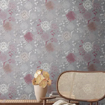 Livingwalls behang bloemmotief grijs, wit, rood en lila paars - 53 cm x 10,05 m