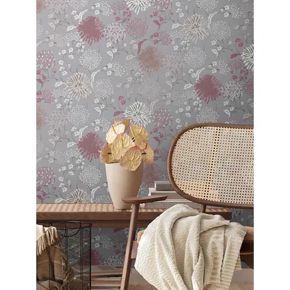 Livingwalls behang bloemmotief grijs, wit, rood en lila paars - 53 cm x 10,05 m 3