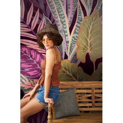 One Wall one Role papier peint panoramique jungle lilas violet, vert, beige et rose - 371 x 280 cm