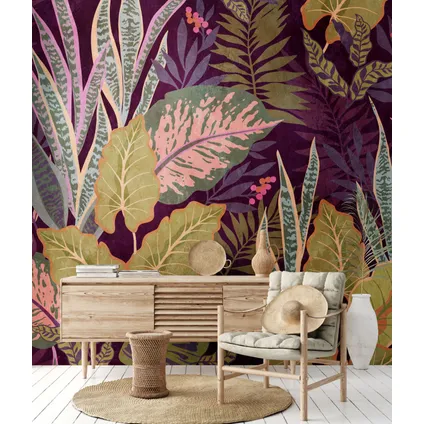 One Wall one Role papier peint panoramique jungle lilas violet, vert, beige et rose - 371 x 280 cm 2