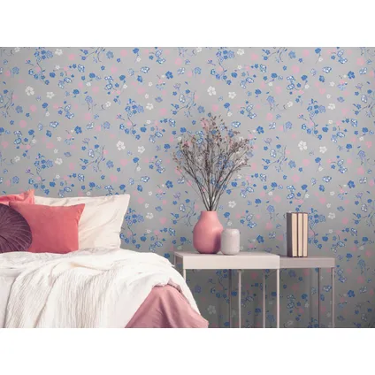 Livingwalls behang bloemmotief grijs, blauw, roze en wit - 53 cm x 10,05 m 3