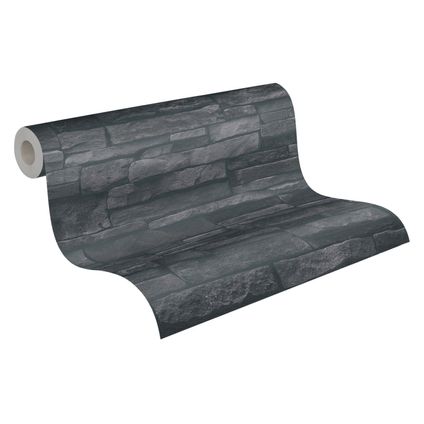 Livingwalls behang steen zwart en antraciet grijs - 53 cm x 10,05 m - AS-388134