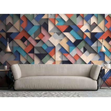 One Wall one Role fotobehang 3D-motief meerkleurig, blauw, roze, rood en beige