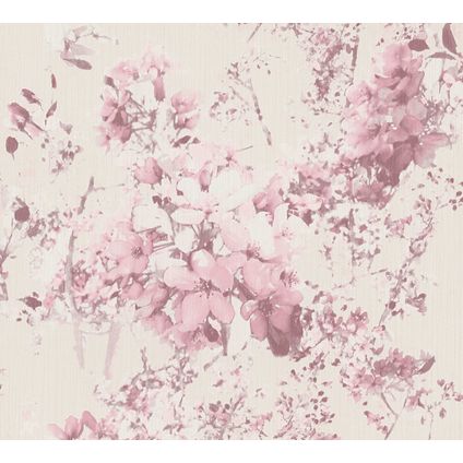 A.S. Création behang bloemmotief roze, lila paars, crème en wit - 53 cm x 10,05 m