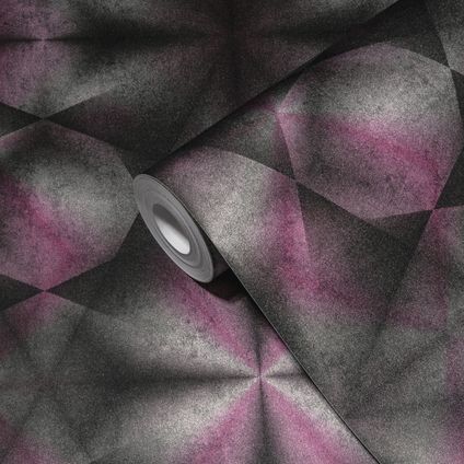 Livingwalls behang 3D-motief lila paars, zwart, roze en grijs - 53 cm x 10,05 m