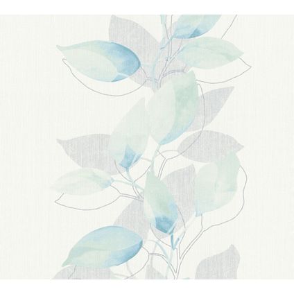 A.S. Création behang bloemmotief wit, groen, grijs en blauw - 53 cm x 10,05 m