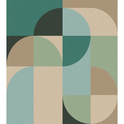 ESTAhome fotobehangpapier cirkels in Bauhaus stijl petrolgroen, mintgroen en beige