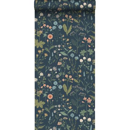 ESTAhome behang veldbloemen donkerblauw, groen en roze - 0.53 x 10.05 m - 139698