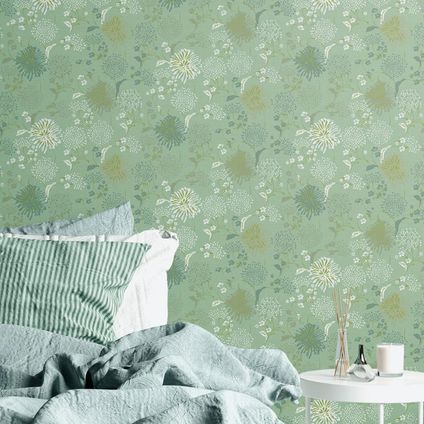 Livingwalls behang bloemmotief groen en wit - 53 cm x 10,05 m - AS-389004