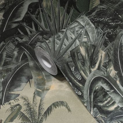 Livingwalls behang jungle-motief donkergroen en olijfgroen - 53 cm x 10,05 m