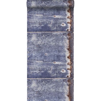 ESTAhome behang metalen platen blauw en bruin - 53 cm x 10,05 m - 138219