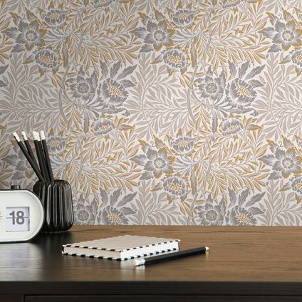 Livingwalls behang bloemmotief wit, beige, grijs en geel - 53 cm x 10,05 m