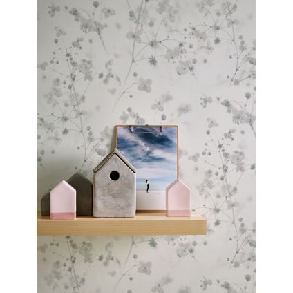 Livingwalls behang bloemmotief wit en grijs - 53 cm x 10,05 m - AS-387263
