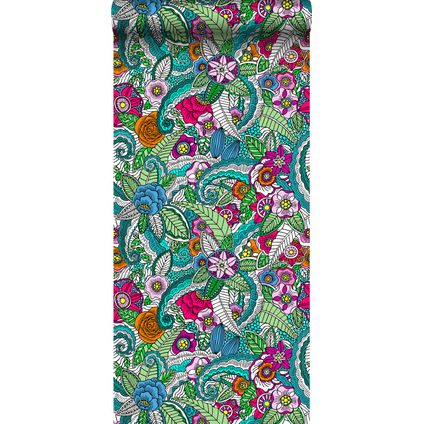 ESTAhome papier peint intissé XXL mandala de fleurs rose, vert, orange, violet et bleu - 50 x 900 cm