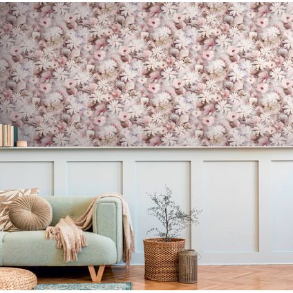 Livingwalls behang bloemmotief meerkleurig, wit, roze en groen - 53 cm x 10,05 m