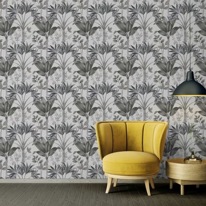 Livingwalls behang bloemmotief grijs, zwart, wit en beige - 53 cm x 10,05 m