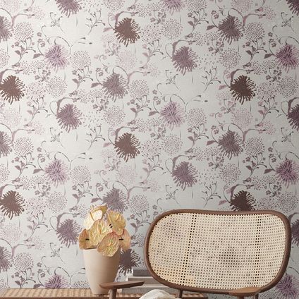 Livingwalls behang bloemmotief wit, lila paars, roze en crème - 53 cm x 10,05 m