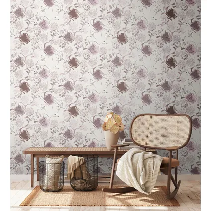 Livingwalls behang bloemmotief wit, lila paars, roze en crème - 53 cm x 10,05 m 2