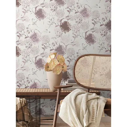 Livingwalls behang bloemmotief wit, lila paars, roze en crème - 53 cm x 10,05 m 3
