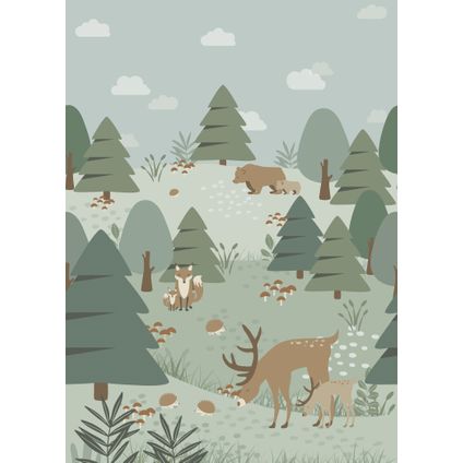 ESTAhome papier peint panoramique forêt avec des animaux de la forêt vert - 200 x 279 cm - 159257